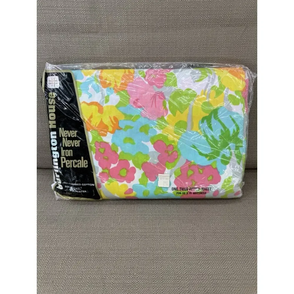 VTG Burlington House Never Iron Twin Fitted Sheet NOS Mod Floral Flowers 1960s